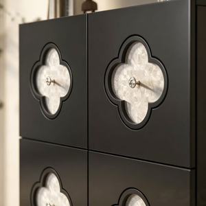 Premium Black Tall Wooden Cabinet 4-Door Quatrefoil Mother of Pearl Inlay Spindle Leg <b>Storage</b> <b>Sideboard</b> For Entryway Living Room - Product Image 3