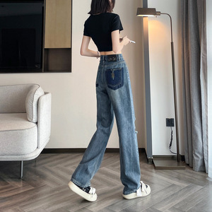 Pantalones largos rectos adelgazantes de cintura alta para mujer, pantalones vaqueros lavados de <span class=keywords><strong>mezclilla</strong></span> Vintage rasgados, pantalones vaqueros transpirables de pierna ancha para verano - Product Image 3