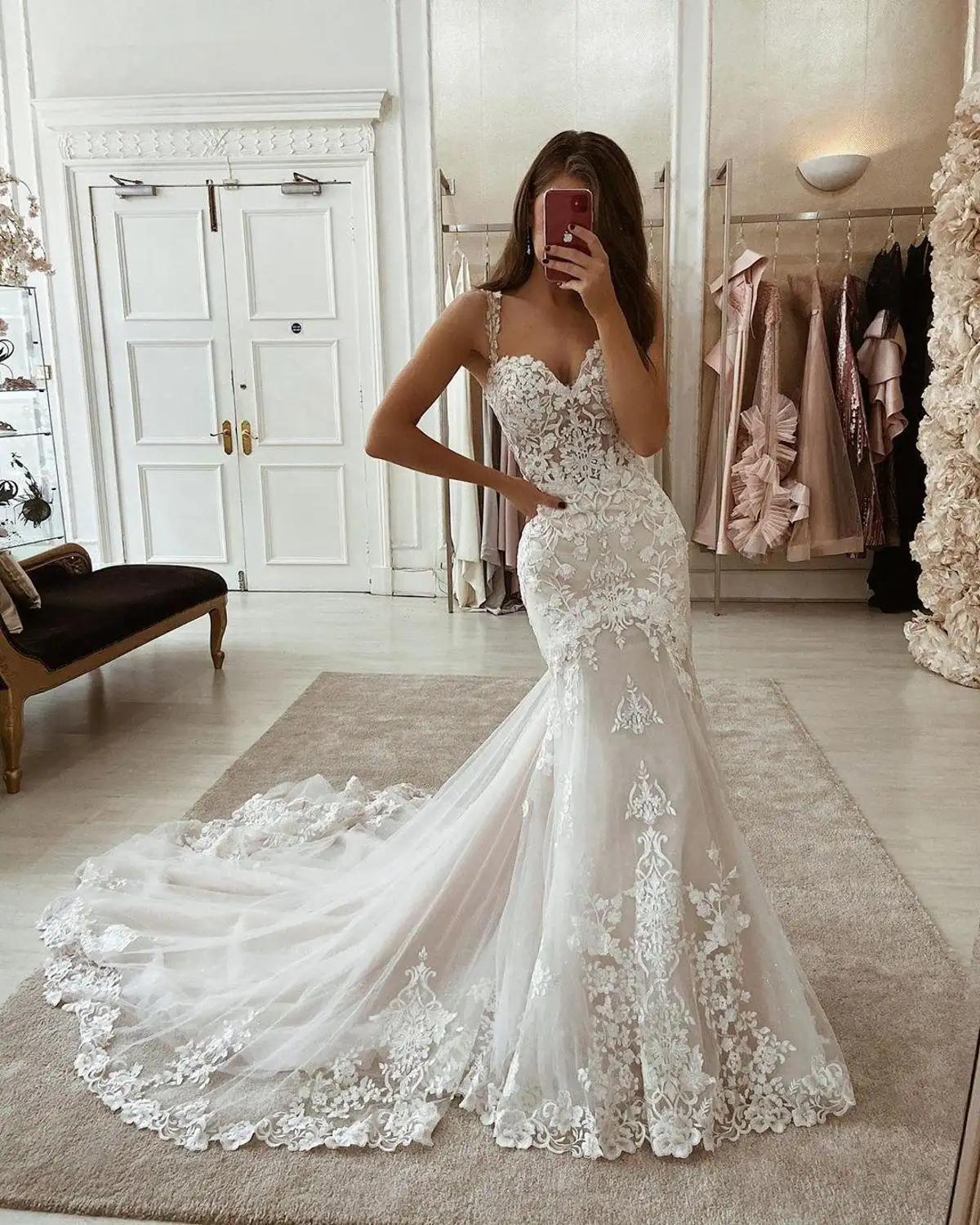 FA197 White Ivory Mermaid Wedding Dresses Lace Appliques Sweetheart Spaghetti Straps Bridal Gowns with Long Train Vintage 2022