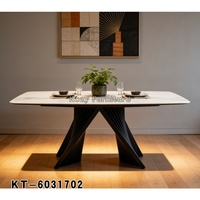 Table à manger rectangulaire personnalisée en pierre frittée, plateau de table en dalle de roche de luxe, design créatif, support métallique, mobilier de salle à manger