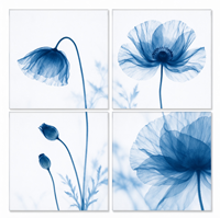 Tableau mural sur toile 4 panneaux motif coquelicot bleu rayé, impression florale abstraite transparente, décoration intérieure nordique moderne