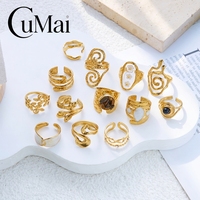 CUMAI Bagues ouvertes en acier inoxydable plaqué or 18 carats martelé avec pierre brute en spirale pour femmes, bijoux tendance, étanches, vente en gros