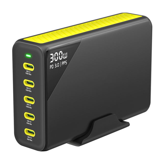 300W GaN Fast Wall Charger with Digital Display 5-Port USB-C PD for Laptop Tablet Phone & Travel Use