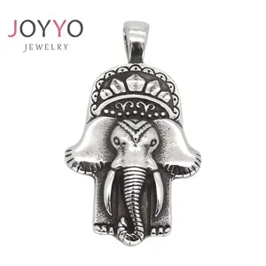 New Solid Stainless Steel Elephant Jewelry Vintage Fatima Hand Pendant Silver Hamas Shaped Good Luck Charm