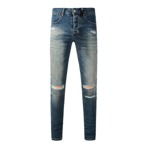 KVSBI Yüksek Kaliteli Slim Fit Denim Pantolon Pamuklu Düz Kesim Eskitme Görünümlü Sokak Giyim Yırtık Vintage Erkek Marka Tasarımcı KS Kot Pantolon - Product Image 6