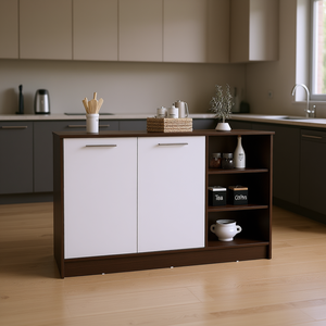 Isola da Cucina con Tre Ripiani Aperti e Due Armadietti, Design Moderno in Bianco e Marrone Scuro - Product Image 2