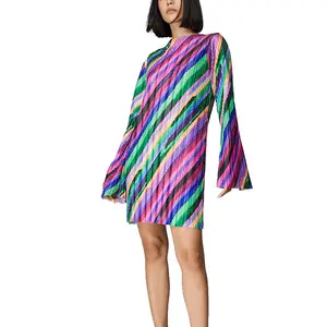 trendy rainbow Printed Plisse Mini Dress sissy unique Vibrant leopard Print crew neck pleat dress long sleeves