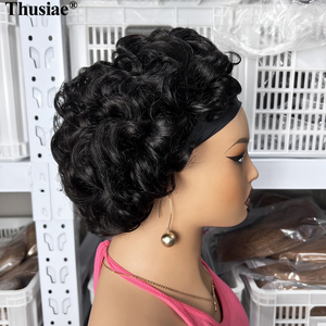 Perruque courte bouclée sans colle <span class=keywords><strong>avec</strong></span> <span class=keywords><strong>bandeau</strong></span>, demi-perruque sans dentelle, fabriquée à la machine, en cheveux humains vierges bruts, prête à porter - Product Image 2