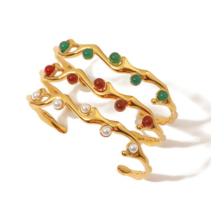 PUXIN Women's 18K Gold Plated Stainless Steel <b>Bracelets</b> Bangles Nature-inspired <b>Flower</b> Branch Design Pearl Main Stone Open - Product Image 5