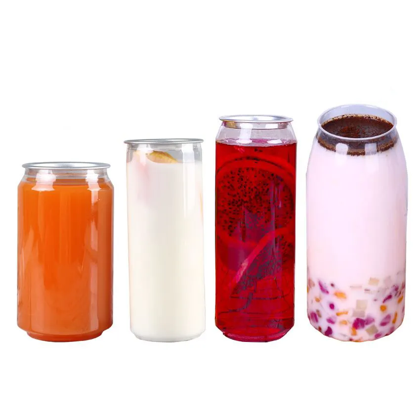 Latas de bebidas transparentes personalizadas, latas de plástico transparentes para bebida, 330 500 ml/53mm/650 animal de estimação, com fácil refrigerante, 202 extremidade aberta