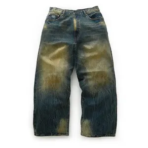 Người Đàn Ông Của Tùy Chỉnh Baggy Rộng Chân Hip-Hop Thời Trang Phố Jeans Đau Phải-Rửa Denim Vải Thêu Nút Thiết Kế Phun Trên Phai - Product Image 1