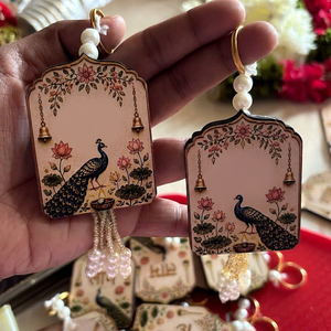 Shubh Labh Pichwai Peacock Wooden Door Hanging Latkan Pearl Bead Toran <b>Mandir</b> <b>Pooja</b> Room Diwali Festive Decor Handcrafted Set - Product Image 1