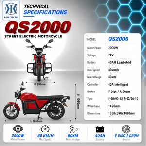 มอเตอร์ไซค์สำหรับผู้ใหญ่ความเร็วสูง 72V 2000W มอเตอร์ทรงพลัง แบตเตอรี่ตะกั่วกรดขนาดใหญ่ 40AH ระยะทางวิ่งไกล 80 กม. ดิสก์เบรกหน้า ดรัมเบรกหลัง - Product Image 2