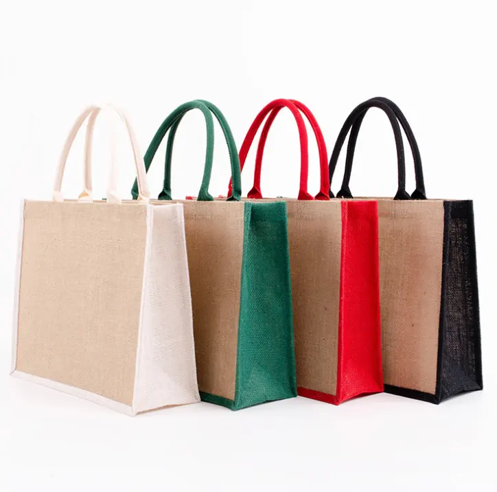 Wholesale custom logo eco-friendly reusable natural recycled grocery beach multicolor jute shopping bags
