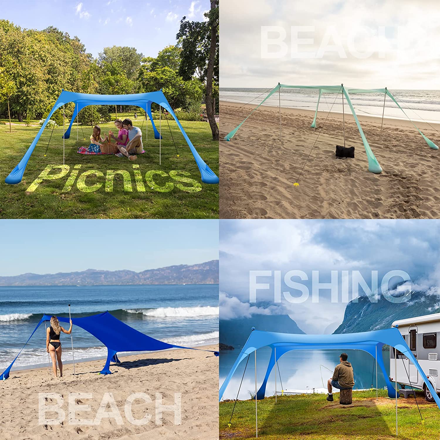 Tente De Plage, Abri Solaire De Camping UPF50+ Avec 8 Sacs De Sable Auvent De Plage Ombrage Portable Pour Exterieur 15 Pieds X 10 Pieds 95491176