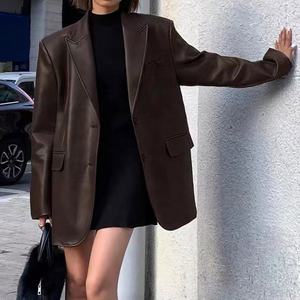 ヴィンテージファッション女性ショルダーパッドレザーブレザー特大本革ジャケット - Product Image 4