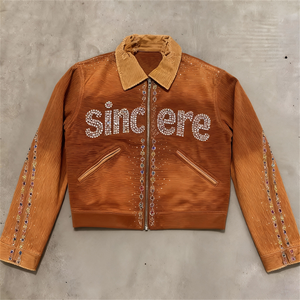 سترة عمل رجالية من الدنيم والقماش بتصميم مخصص ممزق ومغسول بأسلوب قديم مزين بالألماس والأحجار الكريمة بسحاب أمامي على طراز ديترويت - Product Image 2