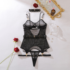 Ensemble de Lingerie Teddy de Luxe pour Femme, Col Noir, Style Spicy Girl, 4 Pièces, Transparent <span class=keywords><strong>en</strong></span> Maille Fine, avec <span class=keywords><strong>Porte</strong></span>-Jarretelles Nude Sexy - Product Image 2