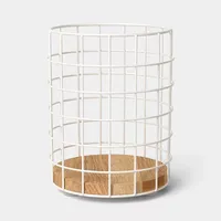 Porte-ustensiles en fil métallique cylindrique avec base en bois massif, panier de rangement pour outils de cuisine sur comptoir