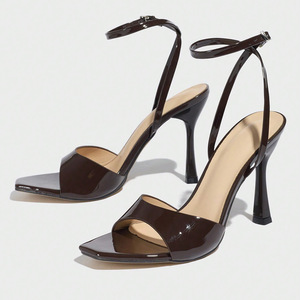 Sandali da Donna con Tacco Alto Lucidi Monocolore con Elastici e Punta Quadrata Scarpe da Donna con Tacco Alto Sottile - Product Image 5