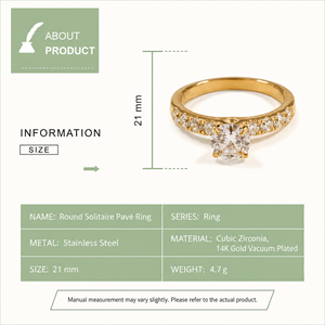Round Solitaire Pavé <b>Ring</b> Stainless Steel <b>Cubic</b> <b>Zirconia</b> 14K Gold Vacuum Plated Gold and <b>Silver</b> Color Jewelry - Product Image 3
