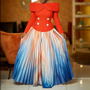 Ensemble Bohème Tendance Africain Élégant <span class=keywords><strong>Haut</strong></span> Épaules Dénudées Manches Longues <span class=keywords><strong>et</strong></span> <span class=keywords><strong>Jupe</strong></span> Longue Plissée Tie-Dye Deux Pièces pour Femme - Product Image 1