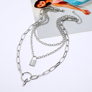 Geometric Multi Layer <b>Necklace</b> <b>Set</b> <b>Silver</b> Zinc Alloy Lock Pendant Fashion Jewelry - Product Image 3