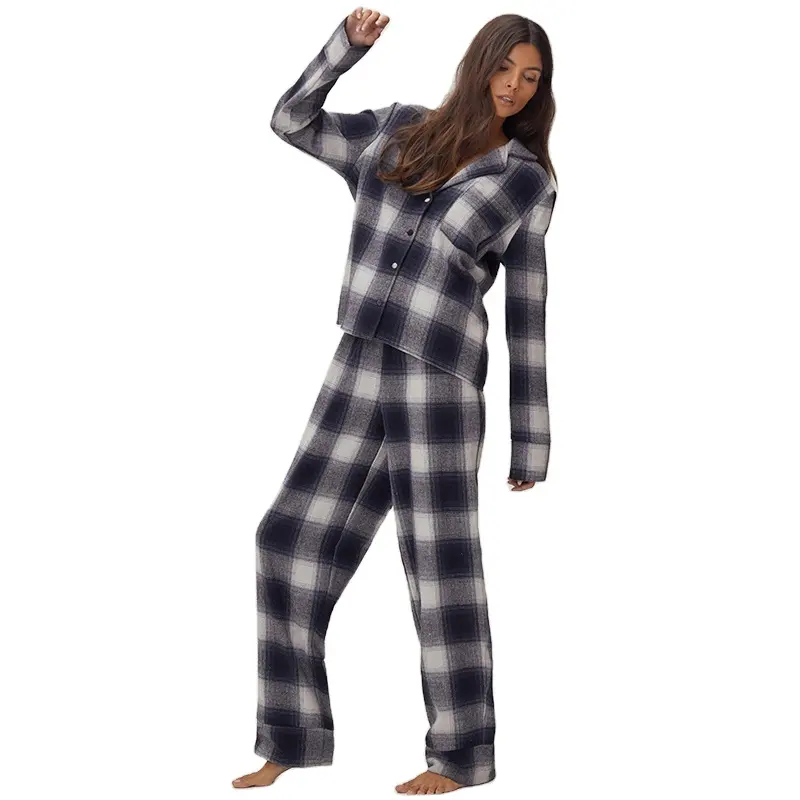 卸売綿100% 女性パジャマパジャマパジャマ高品質チェックパジャマセット