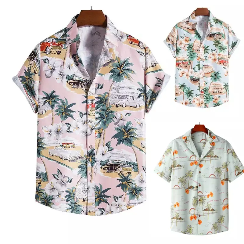 Summer Beach Hawaiian Men Shirt Fashion Palm Tree Short Sleeve Men Print Shirt