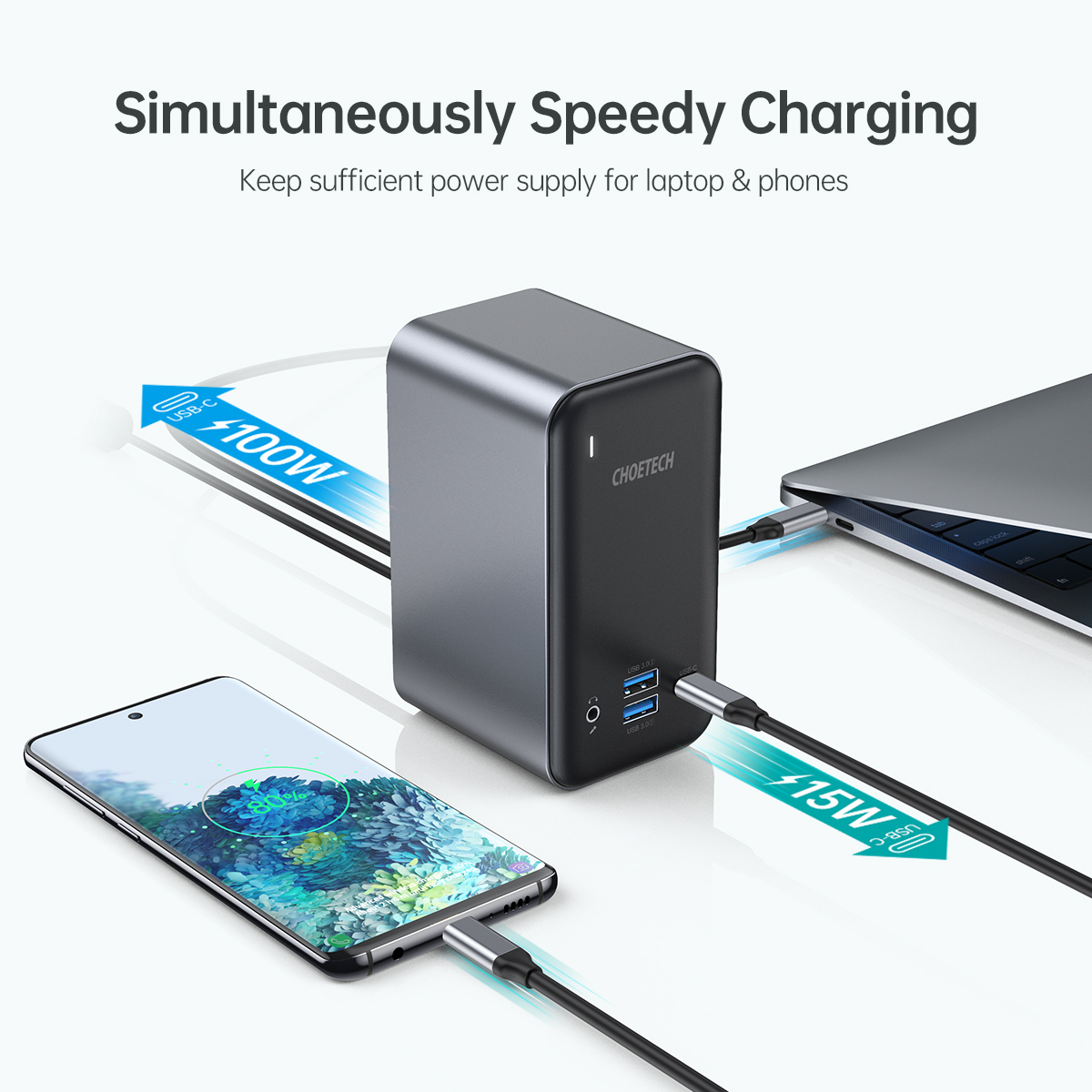 USB C Docking Station CHOETECH 15 in 1 Docking Station Quadruple Displays with 100W PD Input 4K HD VGA 4 USB-A USB-C Ethernet