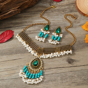 Custom Crystal <span class=keywords><strong>Avenue</strong></span> Mujeres Bohemian Turquesa Borlas Declaración Gargantilla Collar de Perlas Chapado en Oro Conjuntos de Joyas PARA LA Boda - Product Image 5