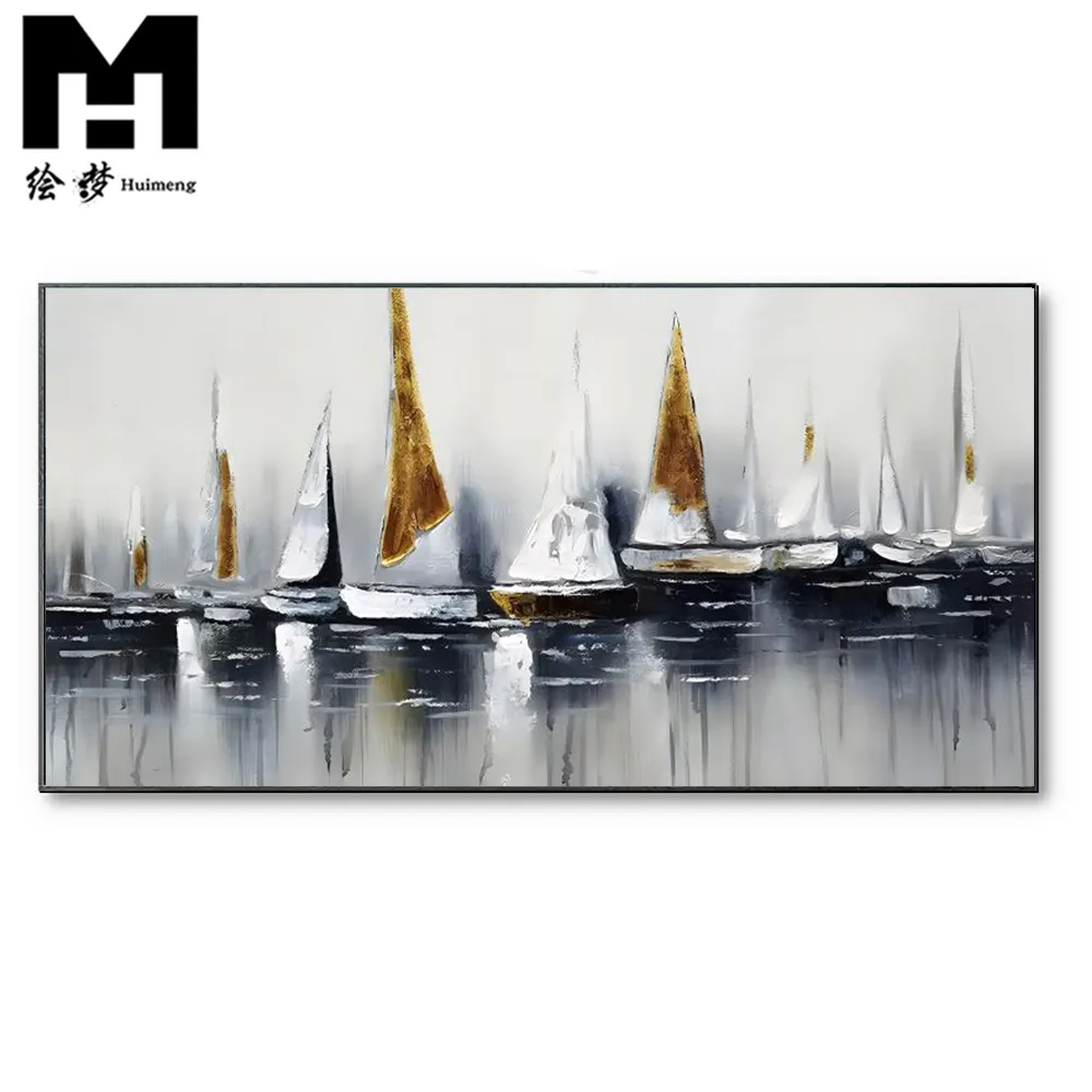 100% ручная роспись настенное искусство горизонтальный океан Парусник Пейзаж Современная холщовая рамка абстрактные парусные лодки абстрактные картины