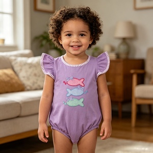 SR4006 rts Infant purple fishes embroidery Romper Jumpsuit Cute Baby Bubble Set Cotton Spandex - Product Image 1