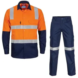 Wholesale 100% Cotton High Vis Reflective Safety Workwear Mining Mechanic Construction Orange Long Sleeve Men Work Shirt