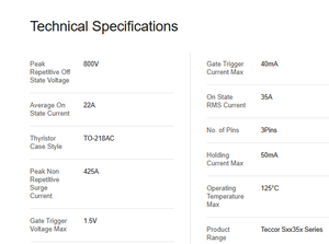 Tiristor Unidireccional de Alta Potencia 35A/800V S8065KTP Marca TAIYAN 3 Pines 125C Temperatura de Funcionamiento Componente Electrónico - Product Image 6