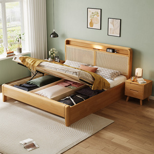 Nordic Solid Wood Rattan Bed 1.8M Double Storage Lighted <b>Headboard</b> Bedroom Furniture - Product Image 2