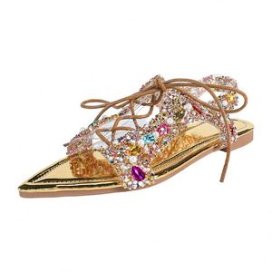 Sandales plates à enfiler pour femmes, ornées de strass, à bout ouvert, avec brides en X colorées en cristal, doublure textile, chaussures tendance printemps-été - Product Image 4