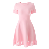 Robe Courte Décontractée d'Été pour Femme, Col Rond, Taille Haute, Manches Courtes, Tricotée Creuse, Coupe Trapèze, Vente en Gros