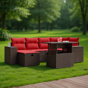 Poly <b>Rattan</b> Garden <b>Sofa</b> Set Brown 7 Piece With Cushions Outdoor Furniture Contemporary Style For Garden Seating Capacity 6 - Product Image 2