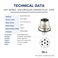 Connecteur circulaire M16 IP68 IEC 61076-2-106, fiche de châssis à souder sur circuit imprimé, 6 broches, étanche, montage sur panneau industriel pour l'arrière, 5A 300V