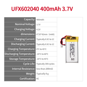 แบตเตอรี่ลิเธียมโพลิเมอร์แบบชาร์จได้ KC ROHS Certified 500mah 400mah 450mah รุ่น UFX 602040 แบตเตอรี่เซลล์ 3.7v 400mAh 450mAh 500mAh - Product Image 2
