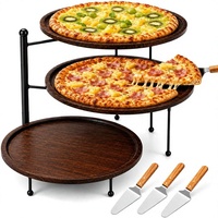Support à pizza Spoilu à 3 niveaux en bois et fer avec plateaux - Présentoir de service noir pour fêtes, buffets, desserts et dîners en famille