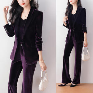Women Velvet Suit Set Three Quarter Sleeve Anti-Wrinkle Office Lady Daily Commute Work Wear - Product Image 2
