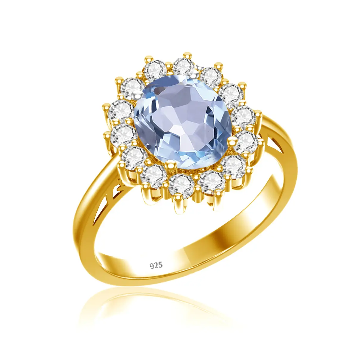 Women Real 925 Sterling Silver Party High Quality Dropshipping Jewelry Cocktail Halo Aquamarine Ring, Luxury Rings Gold Plated