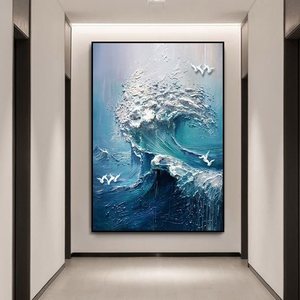 Nghệ thuật vẽ tay Kết cấu tường nghệ thuật dao dày màu xanh phong cảnh 3D tác phẩm nghệ thuật làm bằng tay hiện đại sóng sơn dầu - Product Image 3