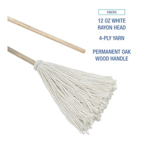 Boardwalk BWK112R 12 Oz. White Rayon Head 48 In. Oak Wood Handle Deck <b>Mops</b> 6-Pack - Product Image 3