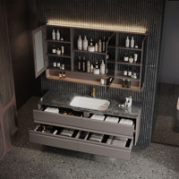 Ensemble de meuble-lavabo double flottant sur mesure en bois massif gris de luxe italien avec dessus en marbre naturel et armoire miroir LED intelligente