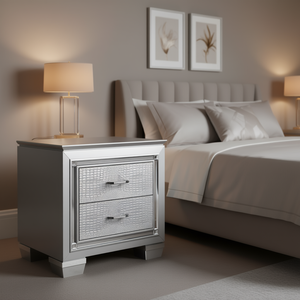Comodino Argento con 2 Cassetti, Effetto Coccodrillo Goffrato, Arredamento Moderno per Camera da Letto - Product Image 2
