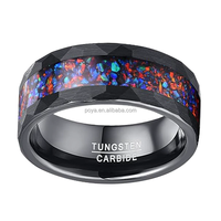 POYA Fashion 8mm Bague en tungstène martelé noir Incrustation d'opale colorée Bagues de promesse personnalisées pour lui et sa bague d'anniversaire