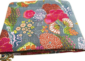 Edredón Kantha Floral hecho a mano indio tamaño Queen estampado de frutas Algodón puro Kantha manta Reversible Kantha - Product Image 6